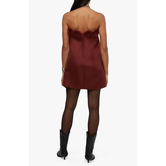 WeWoreWhat Maroon Brown Strapless Ostrich Feather Trim Satin Mini Dress Size 0 - Picture 2 of 10